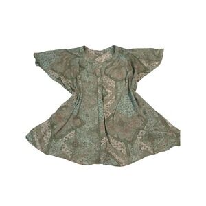 Rose + Olive Blouse Womens 1X Green Paisley Excellent Smocked Flutter Sleeve